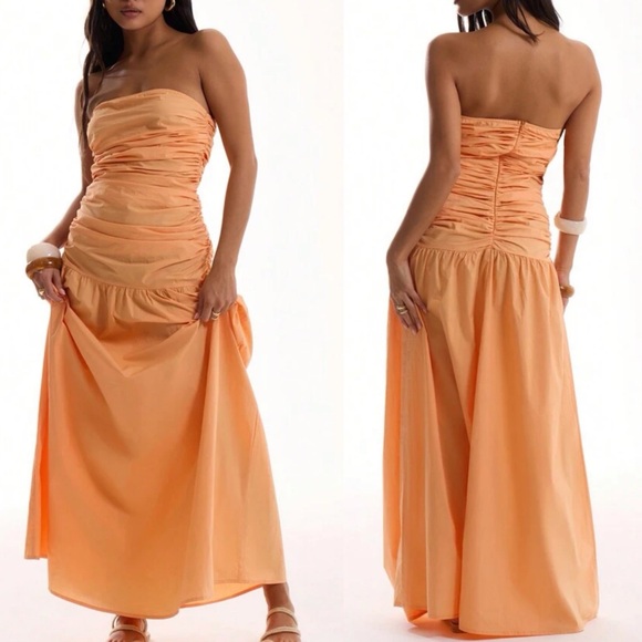 Orange ruched side drop waist fit and flare maxi dress - poplin style material - Picture 2 of 6